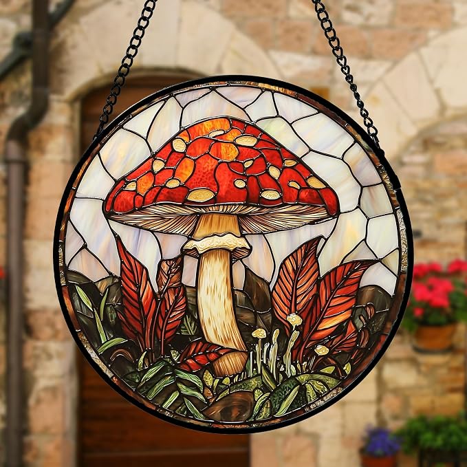 DASTOLL Stained Glass Window Hanging, Big Red Mushroom Suncatcher for Doors Home Sun Catchers Decoration and Christmas, Mother's Day Birthday Gifts for Women, Men, and Mom 11.8x11.8 in