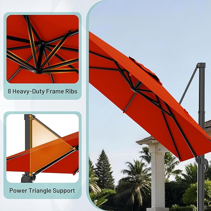 AreShark 8 X 8 FT Cantilever Patio Umbrella, 360-Degree Rotation Round Hanging Offset Umbrella with Crank, Heavy Duty Patio Umbrella for Patio, Pool, Garden, Deck, Orange