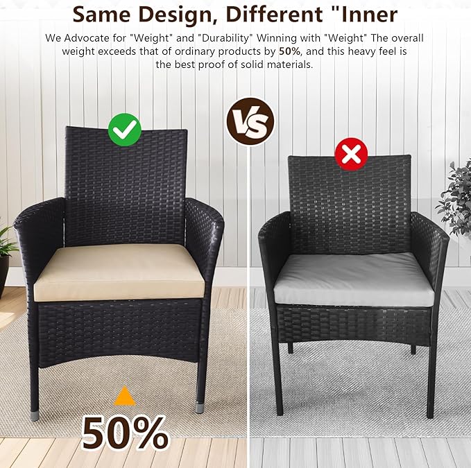 Outdoor Furniture Set of 4 Pieces with PE Waterproof Rattan Tempered Glass Table and Thick Cushions Suitable for Gardens Porches Terraces and Balconies Easy to Assemble Black and Beige