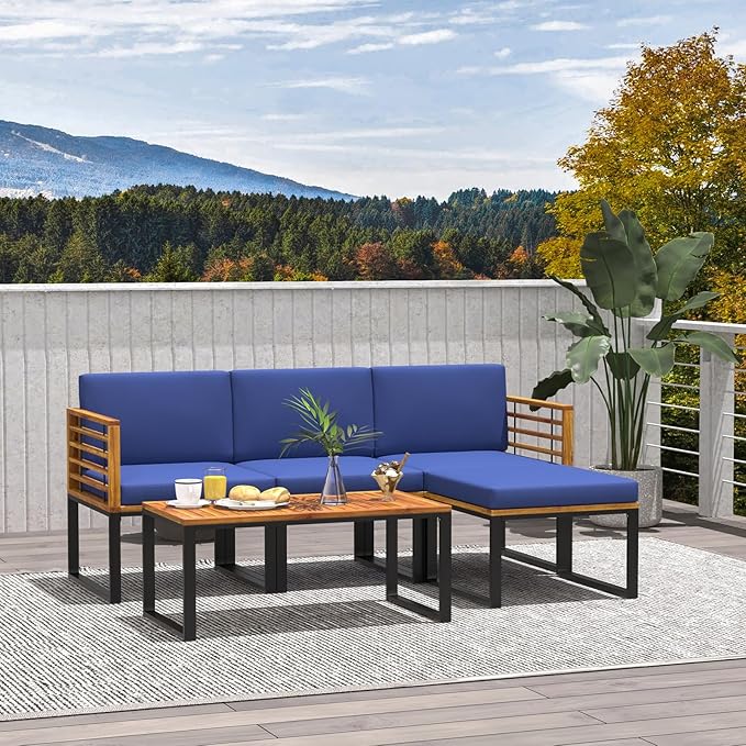 Tangkula 5 Pieces Patio Conversation Set, Acacia Wood Chair Set with Ottoman & Coffee Table, Comfy Seat & Back Cushions, Outdoor Wood Furniture Set for Backyard, Poolside, Garden
