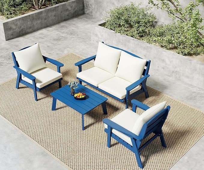 FOOWIN 4-Piece Patio Furniture Set, HDPE All-Weather Outdoor Conversation Set with Thick Cushions, Sectional Patio Sofa Furniture for Deck, Porch, Lawn, Garden, Navy Blue Frame & White Cushion