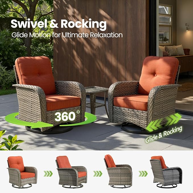 10 Piece Wicker Patio Furniture Set with Firepit, Orange | High Back Swivel Rocker Chairs, 54-inch Fire Pit, Outdoor Sofa Ottoman Solar Lights Table, Conversation Sets, Deck Backyard