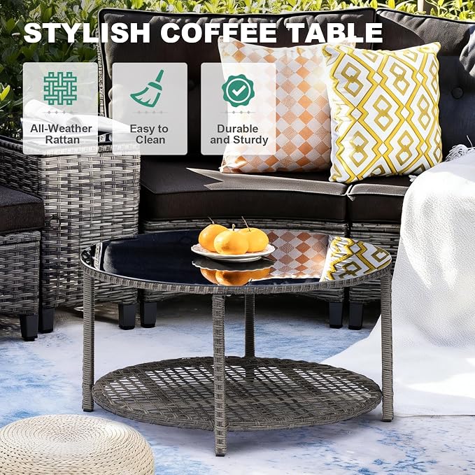 MEISSALIVVE 6-Piece Half-Moon Curved Outdoor Patio Furniture Set, Sectional Conversation Sofa with Wood Armrests, Coffee & Side Tables for Backyard Deck Garden, Black
