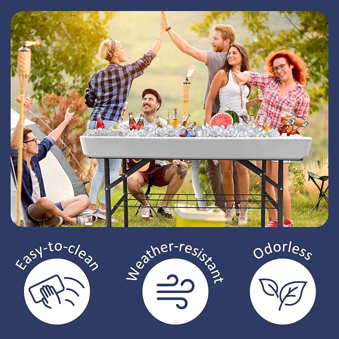 Ice Cooler Table with Skirt and Drain, Foldable Patio Cooler Table Keep Food Chill Fresh, Portable Fish Cleaning Station Outdoor for Party Picnic Camping BBQ
