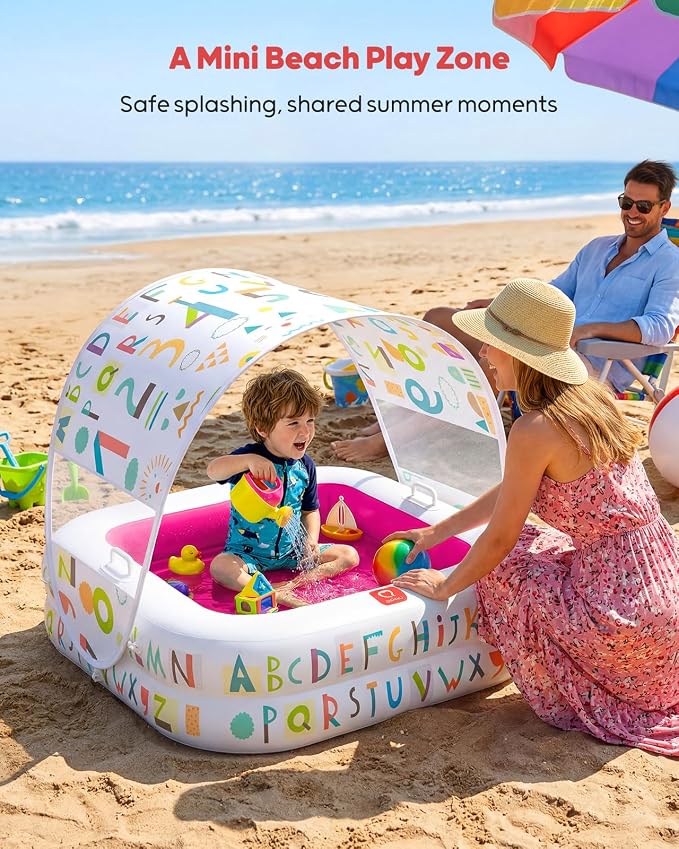QPAU Baby Pool with Detachable Canopy for Sun Protection, 35" x 10" Portable Inflatable Kids Pool with Padded Bottom, Kiddie Pool & Ball Pit with Handles for Backyard and Indoor, Ages 1-3 (Pink)