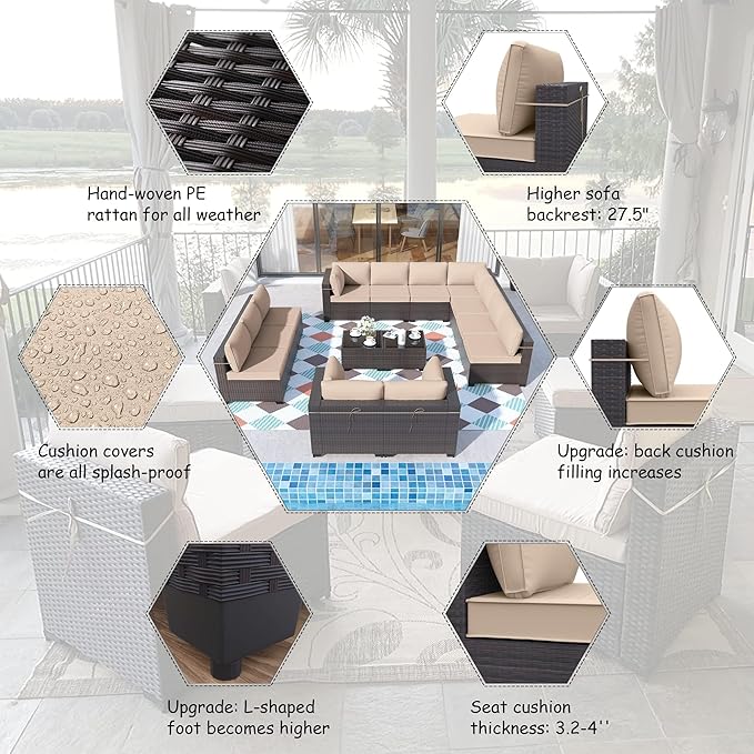 ALAULM 14 Pieces Patio Furniture Set Wicker Patio Conversation Set, Outdoor Sectional Furniture w/Coffee Table & Washable Seat Cushions-Sand