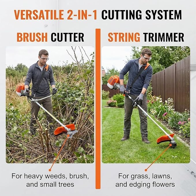 Weed Wacker Gas Powered 52cc 2-Stroke Brush Cutter and String Trimmer with 3-Teeth Blade, 2.2KW Gas Weed Eater with U-Handle for Thick Brush, Lawn and Garden Maintenance (Red)