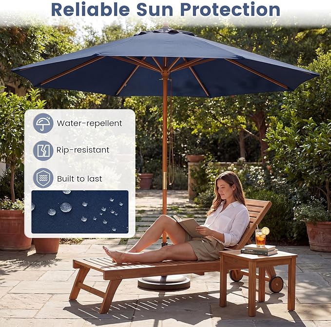 HAPPYGRILL 9 FT Patio Umbrella, Outdoor Table Market Umbrella with 8 Sturdy Bamboo Ribs, Wood Pole, Sun-Protective Double-Tier Canopy, Air Vent, Sunshade Parasol for Garden Deck Backyard Pool (Navy)