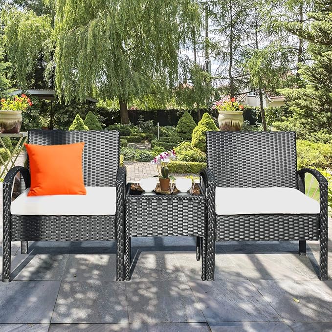 Tangkula 3 Piece Patio Conversation Set, Outdoor Rattan Sofa Set with White Seat Cushions & Coffee Table, Patio Wicker Furniture Set for Garden Balcony Backyard Poolside (Black)
