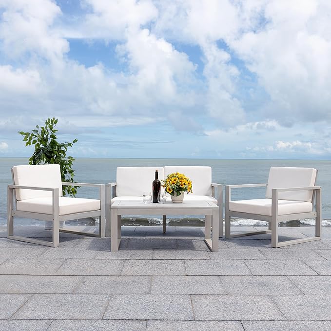 SAFAVIEH Outdoor Collection Emiko Grey/Beige Cushion Solid Wood 4-Piece Conversation Patio Set
