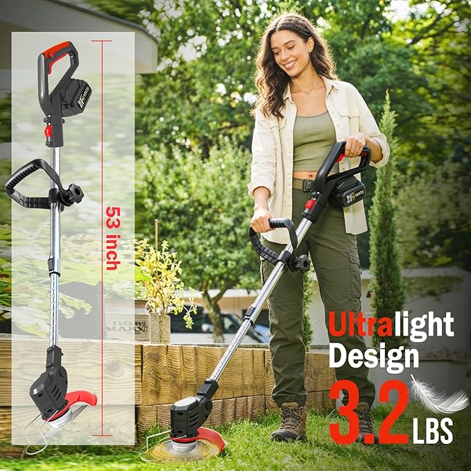 Cordless Weed Wacker, 21V Battery Powered Weed Eater with 2X 2.0Ah Batteries and Charger, Metal Blade Electric Weed Wacke, 3-in-1 Stringless Grass Trimmer Lawn Edger Brush Cutter for Garden Yard