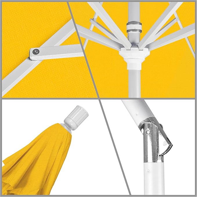 California Umbrella 9' Round Aluminum Market Umbrella, Crank Lift, Collar Tilt, White Pole, Lemon Olefin