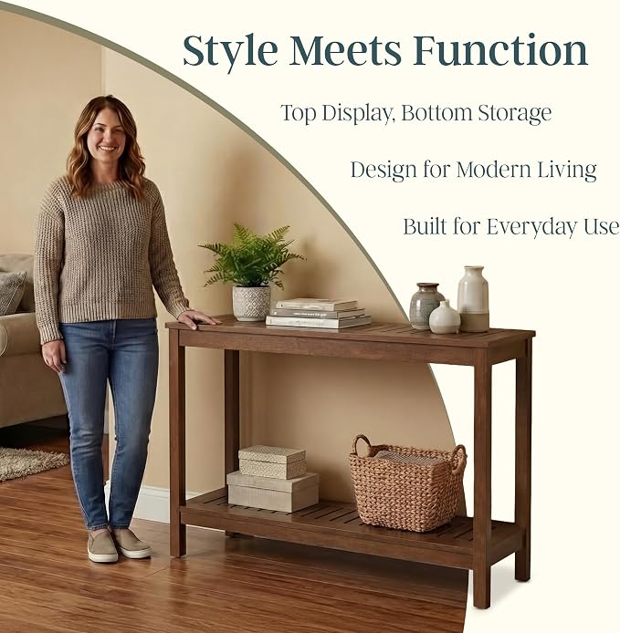 DTY Outdoor Living Eucalyptus Wood Console Table, Two-Shelf Outdoor Buffet, Brown Weather-Resistant Finish