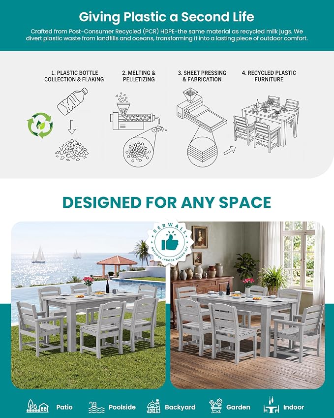 SERWALL 59" Patio Dining Set for 8, HDPE Dining Set, Light Gray | Include 2 Rectangular Tables and 8 armless Chairs, All Weather Dining Sets for Garden, Backyard