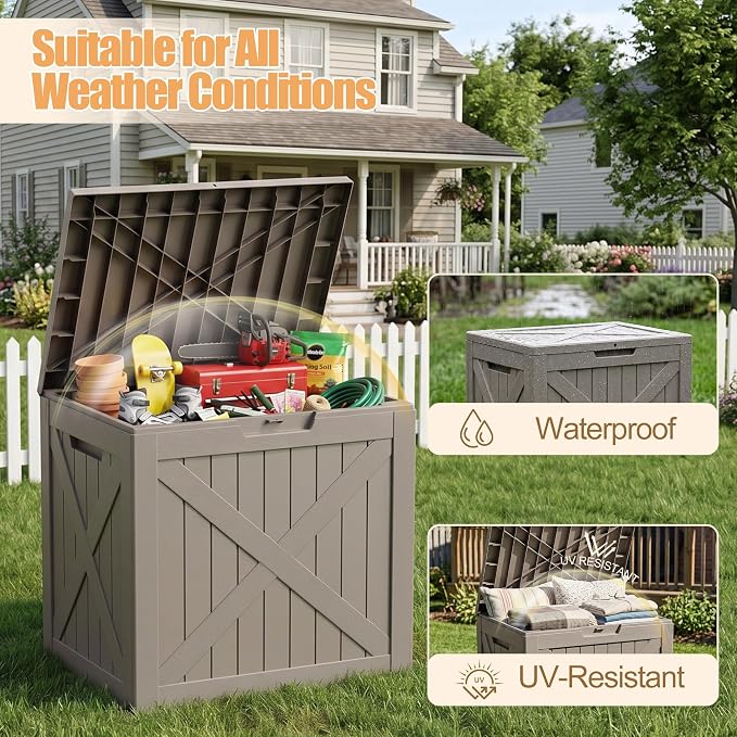 35 Gallon Waterproof Resin Deck Box, Outdoor Lockable Storage Bins Container Container for Patio Cushions Garden Tools Delivery Box, Grey