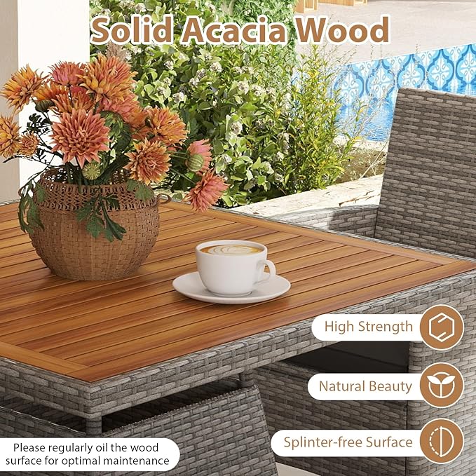 Tangkula 5 Pieces PE Wicker Patio Dining Set, Outdoor Acacia Wood Table and Chairs with Cushions and 1.97" Umbrella Hole, for Deck, Garden and Backyard (Black)