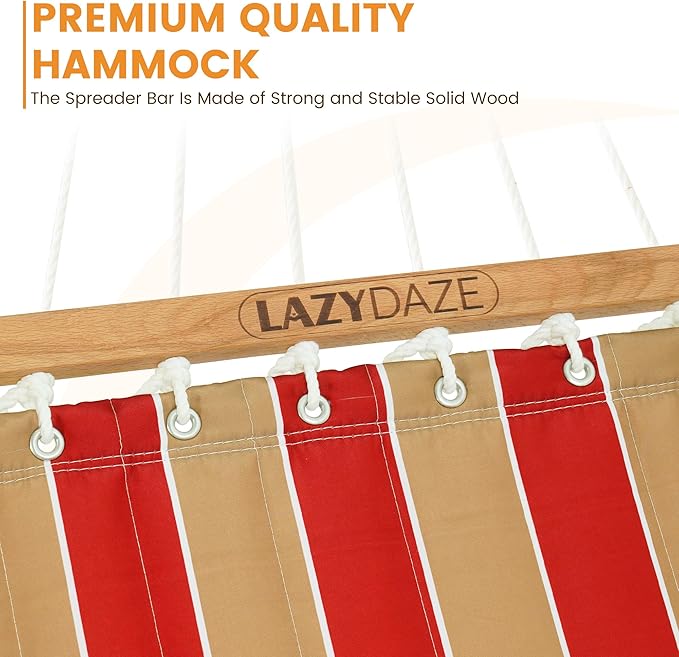 Lazy Daze Hammocks Hammock Quilted Fabric with Pillow for Two Person Double Size Spreader Bar Heavy Duty Stylish, Red & Tan Stripe