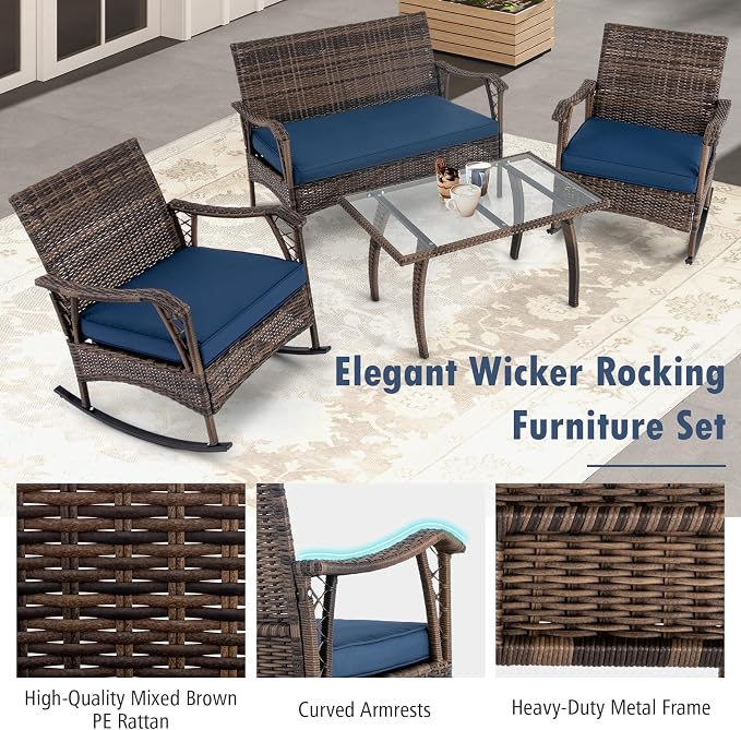 Tangkula 4 Piece Wicker Rocking Set, 2 Patio Rattan Rocker Chairs w/Loveseat & Coffee Table, Heavy-Duty Metal Frame & Bungee Rope Seat, Cushioned Patio Rattan Rocker Set for Porch, Poolside (1, Navy)