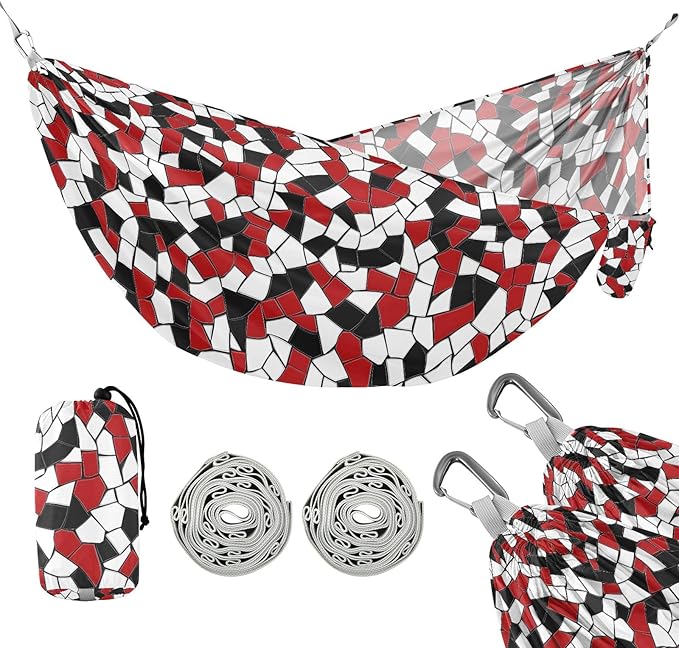 Camping Hammock Outdoor Hammocks for Outside Mosaic White Red Black Beach Trees Portable Lightweight with Pockets Tree Straps Indoor