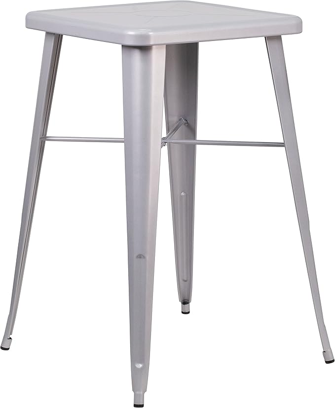 EMMA + OLIVER Commercial Grade 23.75" Square Silver Metal Indoor-Outdoor Bar Height Table
