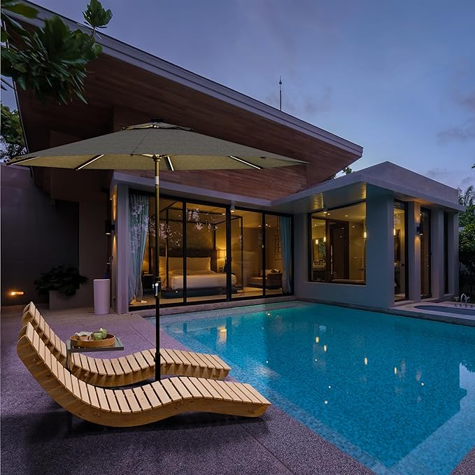 Midtown Umbrellas The LED Swilt 10 Feet Patio Umbrella With Sunbrella Cast Slate Acrylic Fabric - Auto-Tilt Aluminum Frame With LED Lights For Backyard, Deck, Garden, Pool - Black Pole