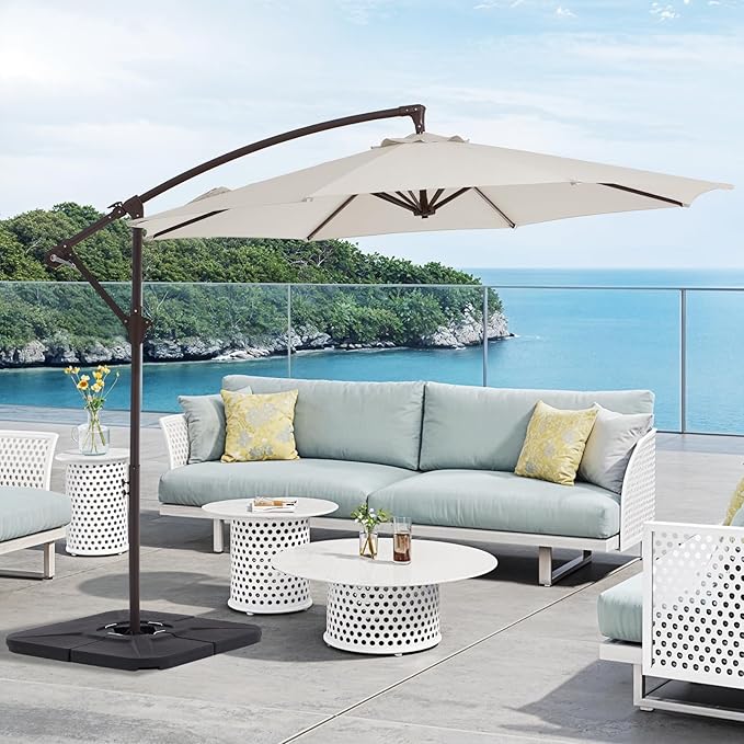 10FT Patio Umbrella, Outdoor Offset Cantilever Umbrella with Sturdy 8 Ribs and Reinforced Base, Easy Tilt Adjustment for Backyard Pool Garden,Off-White