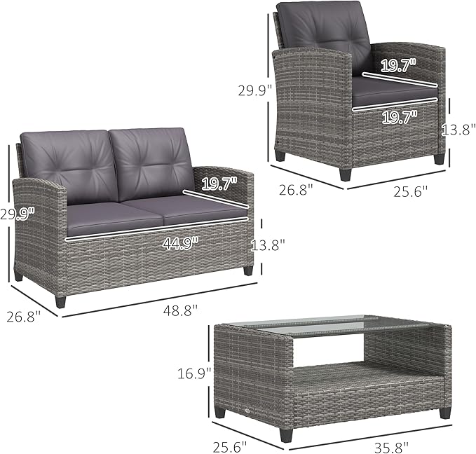 Outsunny 4 Pieces Patio Furniture Sets with Cushions, PE Rattan Wicker Conversation Chairs with Two-Tier Coffee Table for Backyard Porch Garden Poolside and Deck, Gray