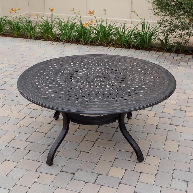 Darlee Elisabeth 7 Pc Cast Aluminum Dining Set w/ 60 Inch Round Table & Swivel Rockers in Antique Bronze/Sesame