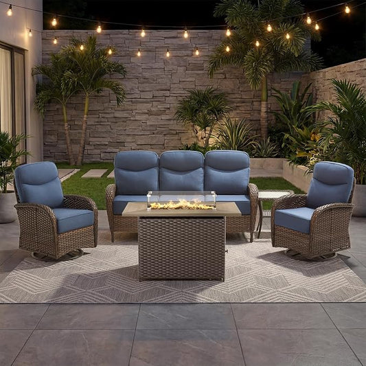 Luxury 6-Inch Cushion Patio Furniture Set with 41" Fire Pit Table, High Back Swivel Rocker Patio Chairs with Outdoor Couch, Outdoor Wicker Conversation for Deck Porch Garden Balcony Poolside