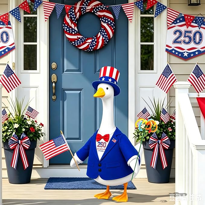 4th of July Porch Goose Outfit for 23 Inch Statue - Patriotic Uncle Sam Costume for 250th USA Anniversary, Sculpture Clothes in Red White Blue, Patriotic Decorations for Outdoor Yard Garden