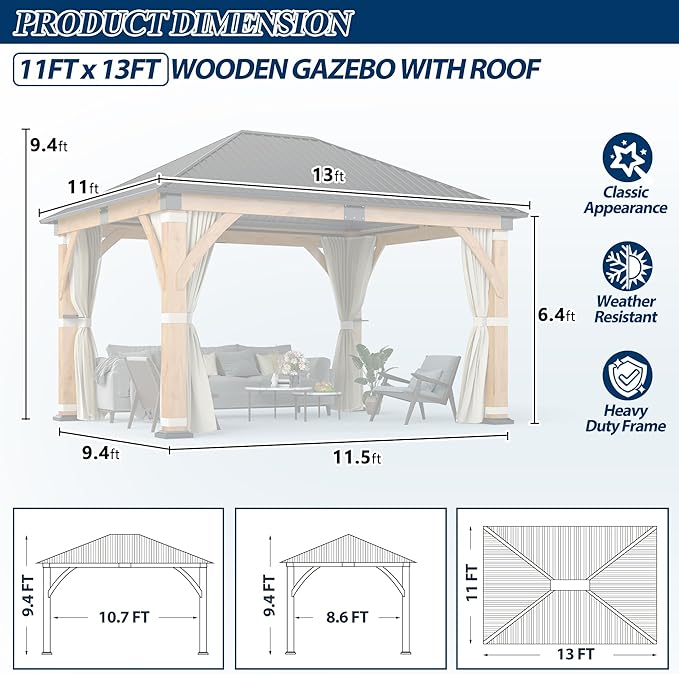 COVERONICS 11' x 13' Outdoor Wood Gazebo with Galvanized Steel Roof, Heavy-Duty Spruce Wood Frame Patio Hardtop Gazebo with Netting & Curtains for Backyard, Deck, Poolside, Garden