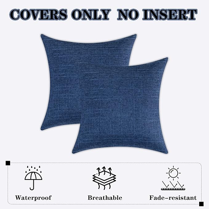 Kevin Textile Outdoor Waterproof 26”x26” Pillow Covers 2 Pack, Blue | Water Resistant, Soft Faux Linen-cotton Yarn-dyed Woven Texture Throw Pillow Covers for Tent Patio Garden Couch Sofa