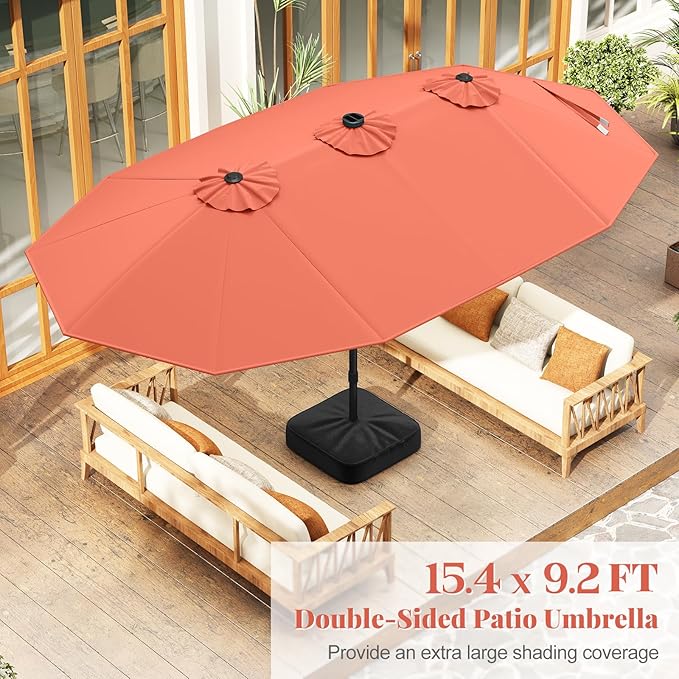 Tangkula 15FT Double-Sided Solar Patio Umbrella, Extra-Large Outdoor Twin Umbrella with 48 LED Lights, Vented Top, Crank Handle, 12 Ribs, Weighted Base Included for Backyard Poolside Deck (Orange)