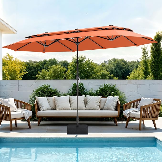 PHI VILLA 13ft Large Patio Umbrellas with Base Included, 2-Tier Double-Sided Outdoor Market Rectangle Umbrella for Outside, Orange Red