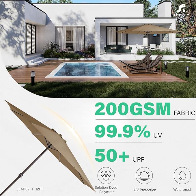 JEAREY 12' Patio Umbrellas Outdoor Table Market Umbrella w/Crank, 8 Sturdy Ribs, UV Protection Windproof for Garden, Deck, Backyard, Pool(Sand)