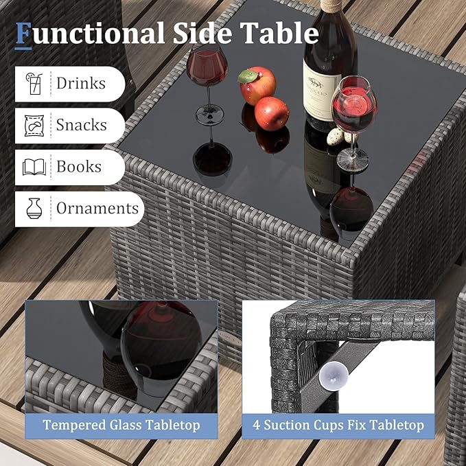 KOTEK 3 Piece Patio Furniture Set, Outdoor PE Rattan Conversation Set with Washable Cushions & Tempered Glass Tabletop, Wicker Chairs and Table Set for Porch, Garden, Balcony (Navy)