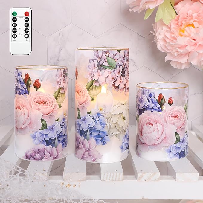 Silverstro Hydrangea Rose Flameless Candles with Remote Control & Timer Function - Real Wax Glass Battery Operated Candles - Home Farmhouse Holiday Christmas Valentine's Day Decorations - Set of 3