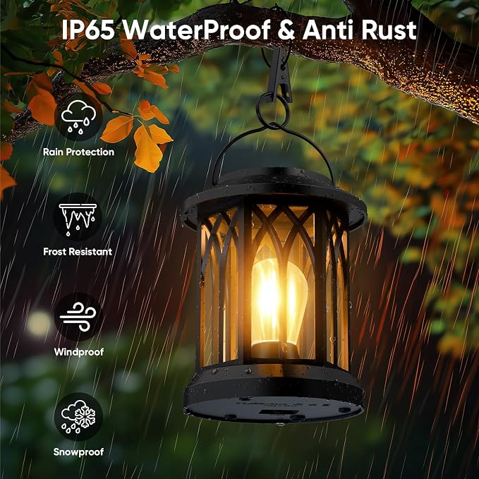 Solar Lanterns Outdoor Waterproof 4-Pack: Hanging Lantern Accent Warm Light | Hang & Clip for Patio Table, Ip65 Waterproof, Auto On/Off, Lasts 12-15h Glow, High-Capacity Battery, Warm Ambiance, No Wiring