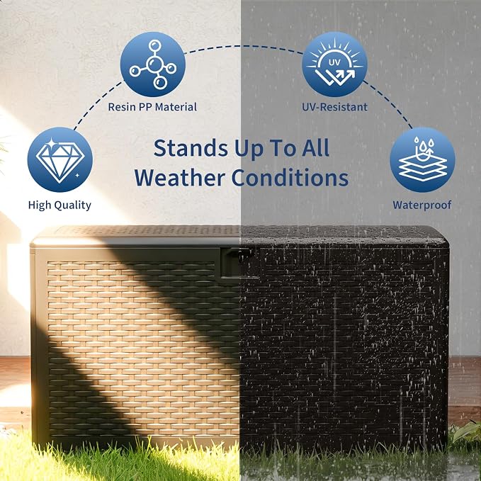 73 Gallon Large Resin Deck Storage Box, Weatherproof Lockable Outdoor Organizer with Woven Strap Design, Durable HDPE Chest for Patio Garden Tools, Pool Toys, Furniture Cushions