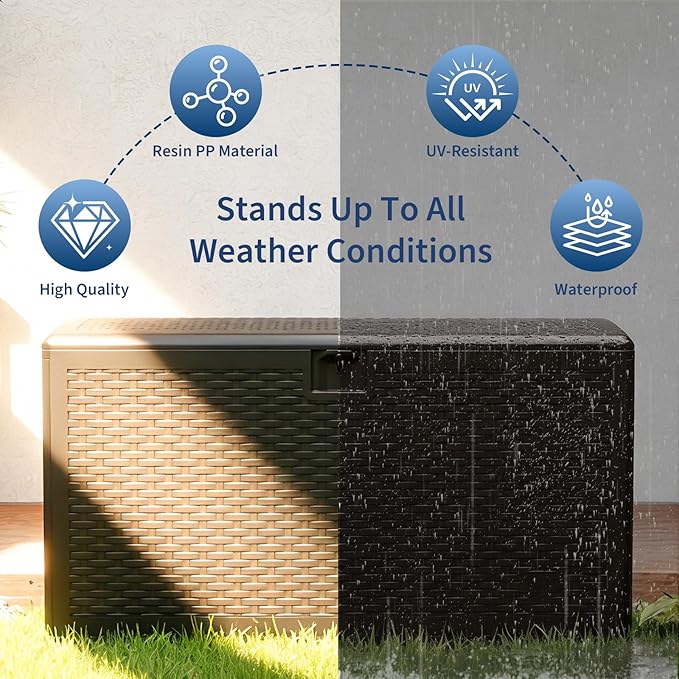 73 Gallon Large Resin Deck Box, Lockable Indoor Outdoor Storage Container for Patio Furniture, Pool Toys & Garden Tools, Waterproof Heavy Duty Deck Box with Seat Capacity - Brown