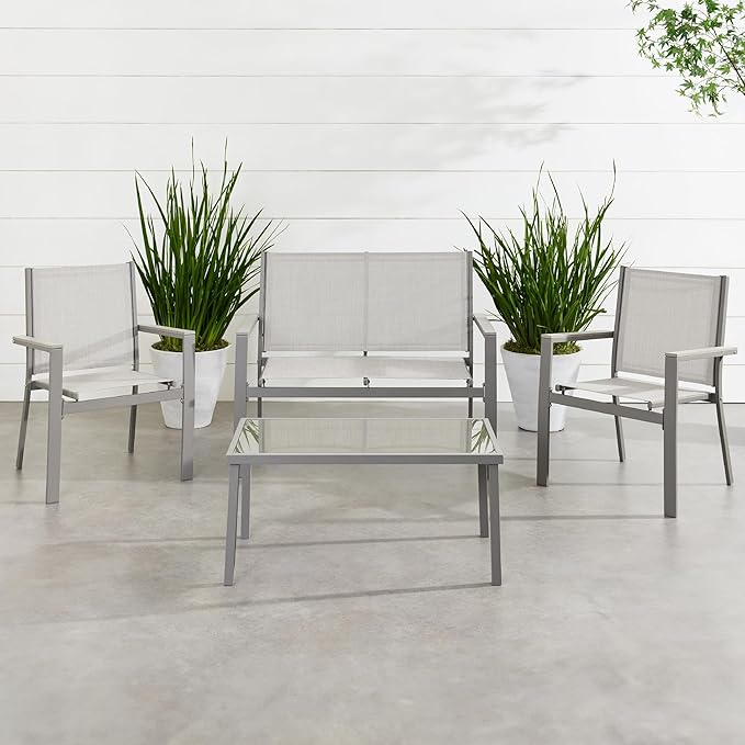 Best Choice Products 4-Piece Outdoor Textilene Patio Conversation Set, Backyard Furniture w/Loveseat, Coffee Table, Steel Frame - Gray/Gray