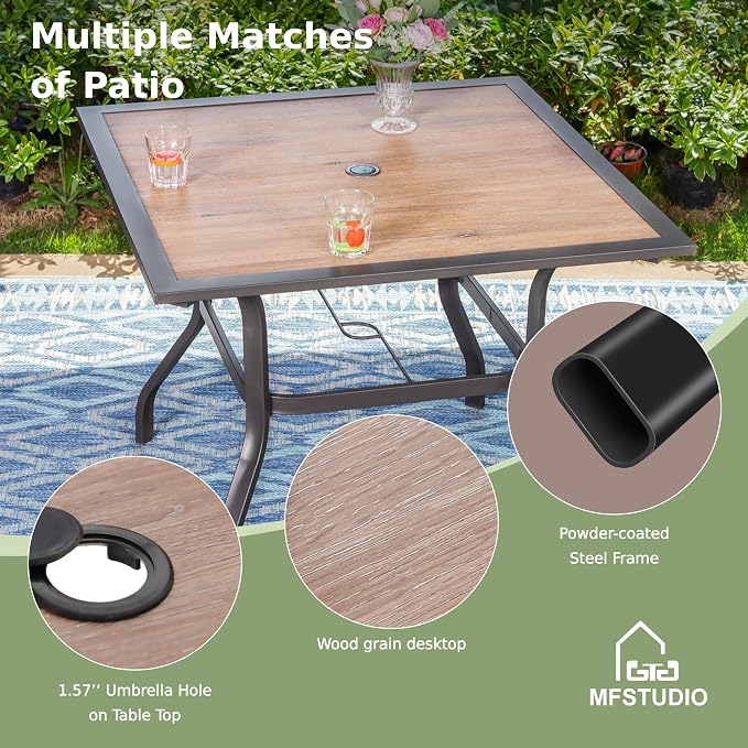 MFSTUDIO 5-Piece Patio Dining Set, Swivel Metal Chairs, Umbrella Hole | 37" Square Wood-Look Metal Table, Removable Cushions