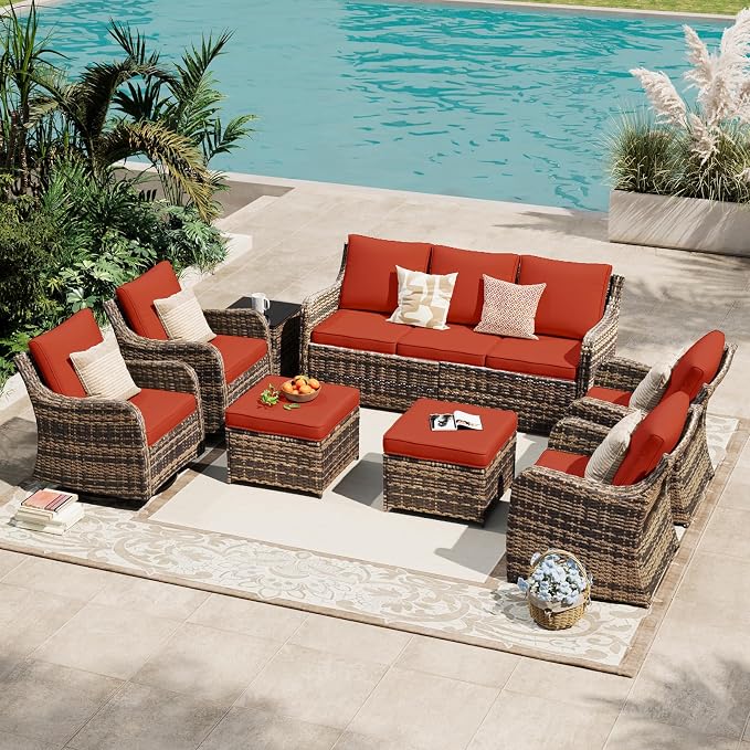 MEISSALIVVE 8 Pieces Patio Furniture Set with Swivel Chair, Wicker Patio Sofa, Rattan Conversation Set with Three-seat Sofa, 2 Fixed Single Chairt for Lawn Backyard (Red)