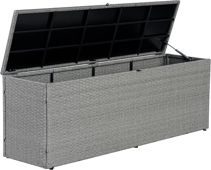 Eyely KRT1002A Elio 59.06" Modern Minimalist Outdoor Faux Wicker Deck and Patio Storage Box, Gray