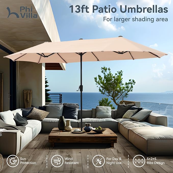 PHI VILLA Patio Dining Set with 13ft Umbrella for 6, Swivel Mesh Chairs | 59'' metal rectangular table, 6 grey outdoor textilene chairs and 13ft beige umbrella(NO BASE) for deck, garden, backyard
