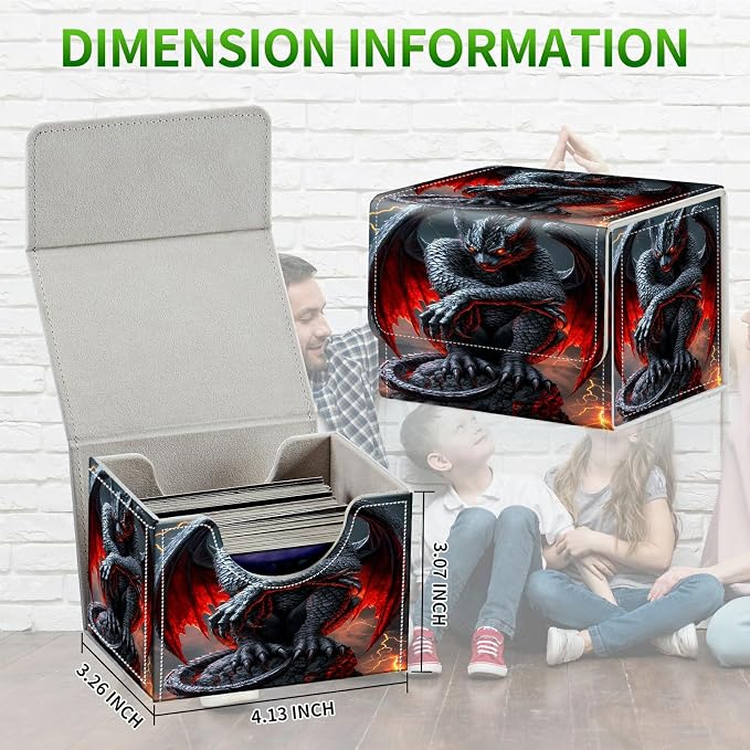 Card Deck Box for MTG, Cards Storage Box Fits 120+ Sleeved, Leather Small Size Strong Magnetic Closing Card Case for Board Games Magic TCG CCG Baseball Collection, Red-Winged Dragon