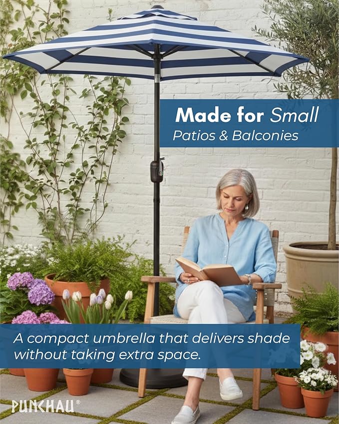 6 Ft Outdoor Patio Umbrella, Easy to Open/Close Crank and Push Button Tilt Adjustment - Navy Blue Striped Market Umbrellas