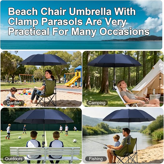 Beach Umbrella 360 ° Adjustable Clip On Beach Chair Umbrella UPF 50+ UV Protection Outdoor Sun Shade Beach Umbrellas Lightweight Portable Camping Chair Umbrellas with Clamp for Patio Chairs Golf Cart