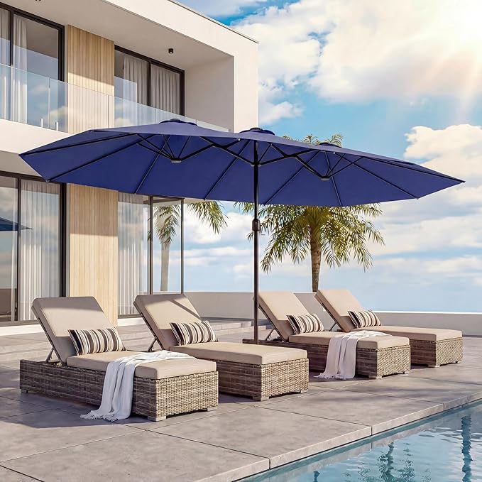 EO Living 13ft Large Patio Umbrella, Double-Sided Rectangle Outdoor Umbrella with Base Included, Table Umbrella for Poolside Deck Market (Navy Blue)