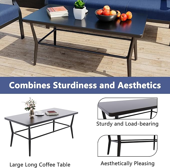 Kurapika Aluminum Patio Furniture Set 5-Seat Modern Metal Outdoor Conversation Sets w/5.1 Inch Cushion Patio Sectional Sofa with Rectangular Coffee Table, Navy Blue